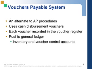 Hall, Accounting Information Systems, 8e
©2013 Cengage Learning. All Rights Reserved. May not be scanned, copied or duplicated, or posted to a publicly accessible website, in whole or in part.
Vouchers Payable System
 An alternate to AP procedures
 Uses cash disbursement vouchers
 Each voucher recorded in the voucher register
 Post to general ledger
 inventory and voucher control accounts
7
 