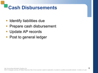 Hall, Accounting Information Systems, 8e
©2013 Cengage Learning. All Rights Reserved. May not be scanned, copied or duplicated, or posted to a publicly accessible website, in whole or in part.
Cash Disbursements
 Identify liabilities due
 Prepare cash disbursement
 Update AP records
 Post to general ledger
8
 
