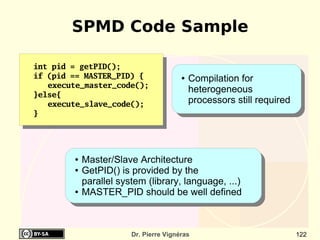 SPMD Code Sample

int pid = getPID();
if (pid == MASTER_PID) {                ●   Compilation for
   execute_master_code();
                                            heterogeneous
}else{
   execute_slave_code();                    processors still required
}




        ●   Master/Slave Architecture
        ●   GetPID() is provided by the
            parallel system (library, language, ...)
        ●   MASTER_PID should be well defined



                        Dr. Pierre Vignéras                             122
 