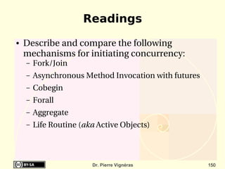 Readings
●   Describe and compare the following 
    mechanisms for initiating concurrency:
    –   Fork/Join
    –   Asynchronous Method Invocation with futures
    –   Cobegin
    –   Forall
    –   Aggregate
    –   Life Routine (aka Active Objects)



                        Dr. Pierre Vignéras           150
 