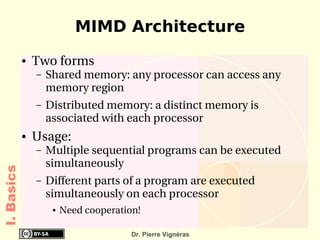 MIMD Architecture
            ●   Two forms
                –   Shared memory: any processor can access any 
                    memory region
                –   Distributed memory: a distinct memory is 
                    associated with each processor
            ●   Usage:
                –   Multiple sequential programs can be executed 
                    simultaneously
I. Basics




                –   Different parts of a program are executed 
                    simultaneously on each processor
                     ●   Need cooperation!

                                        Dr. Pierre Vignéras
 