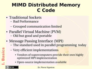 MIMD Distributed Memory
                         C Code
            ●   Traditional Sockets
                –   Bad Performance
                –   Grouped communication limited
            ●   Parallel Virtual Machine (PVM)
                –   Old but good and portable
            ●   Message Passing Interface (MPI)
                –   The standard used in parallel programming  today
I. Basics




                –   Very efficient implementations
                     ●   Vendors of supercomputers provide their own highly 
                         optimized MPI implementation
                     ●   Open­source implementation available
                                        Dr. Pierre Vignéras
 