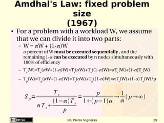 Amdhal's Law: fixed problem
               size
              (1967)
●   For a problem with a workload W, we assume 
    that we can divide it into two parts:
    –   W = W + (1­)W
         percent of W must be executed sequentially , and the 
        remaining 1­ can be executed by n nodes simultaneously with 
        100% of efficiency
    –   Ts(W)=Ts(W+(1­)W)=Ts(W)+Ts((1­)W)=Ts(W)+(1­)Ts(W)

    –   Tp(W)=Tp(W+(1­)W)=Ts(W)+Tp((1­)W)=Ts(W)+(1­)Ts(W)/p


                    Ts            p    1
        S p=                =           p ∞
                    1−T s 1 p−1 
              T s
                       p
                            Dr. Pierre Vignéras                     59
 