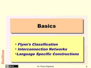 Basics


          ●
            Flynn's Classification
          ●
            Interconnection Networks
Outline




          ●
           Language Specific Constructions


                     Dr. Pierre Vignéras     6
 