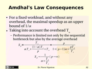 Amdhal's Law Consequences
●   For a fixed workload, and without any 
    overhead, the maximal speedup as an upper 
    bound of 1/
●   Taking into account the overhead To
    –   Performance is limited not only by the sequential 
        bottleneck but also by the average overhead
                          Ts                 p
           S p=                     =
                       1−T s                 pT o
                 T s          T o 1 p−1
                            p                   Ts
                                1
                         S p        p  ∞
                                 To
                              
                                 Ts
                         Dr. Pierre Vignéras                 62
 