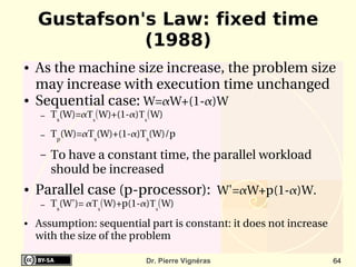 Gustafson's Law: fixed time
              (1988)
●   As the machine size increase, the problem size 
    may increase with execution time unchanged
●   Sequential case: W=W+(1­)W
     –   Ts(W)=Ts(W)+(1­)Ts(W)

     –   Tp(W)=Ts(W)+(1­)Ts(W)/p

     –   To have a constant time, the parallel workload 
         should be increased
●   Parallel case (p­processor):  W'=W+p(1­)W.
     –   Ts(W')= Ts(W)+p(1­)Ts(W)
●   Assumption: sequential part is constant: it does not increase 
    with the size of the problem

                             Dr. Pierre Vignéras                     64
 