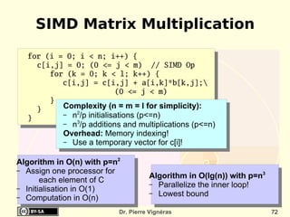 SIMD Matrix Multiplication

  for (i = 0; i < n; i++) {
    c[i,j] = 0; (0 <= j < m) // SIMD Op
       for (k = 0; k < l; k++) {
          c[i,j] = c[i,j] + a[i,k]*b[k,j];
                          (0 <= j < m)
       }
    }     Complexity (n = m = l for simplicity):
          – n2/p initialisations (p<=n)
  }          3
            – n /p additions and multiplications (p<=n)
            Overhead: Memory indexing!
            – Use a temporary vector for c[i]!


Algorithm in O(n) with p=n2
– Assign one processor for
                                     Algorithm in O(lg(n)) with p=n3
       each element of C             – Parallelize the inner loop!
– Initialisation in O(1)
                                     – Lowest bound
– Computation in O(n)

                           Dr. Pierre Vignéras                         72
 