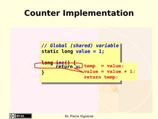 Counter Implementation


   // Global (shared) variable
   static long value = 1;

   long inc() {
        return value++; = value;
                  temp
   }              value = value + 1;
                  return temp;




           Dr. Pierre Vignéras
 