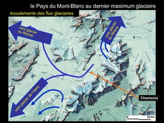 xyz le Pays du Mont-Blanc au dernier maximum glaciaire écoulements des flux glaciaires vers glacier de l’Isère vers glacier  du Rhône Chamonix vers glacier  du Rhône 