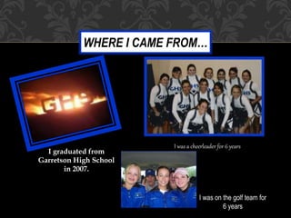 WHERE I CAME FROM…
I graduated from
Garretson High School
in 2007.
I was a cheerleader for 6 years
I was on the golf team for
6 years
 