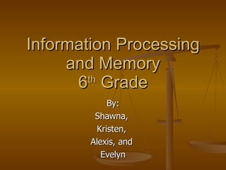Information Processing and Memory 6 th  Grade By: Shawna,  Kristen,  Alexis, and  Evelyn 