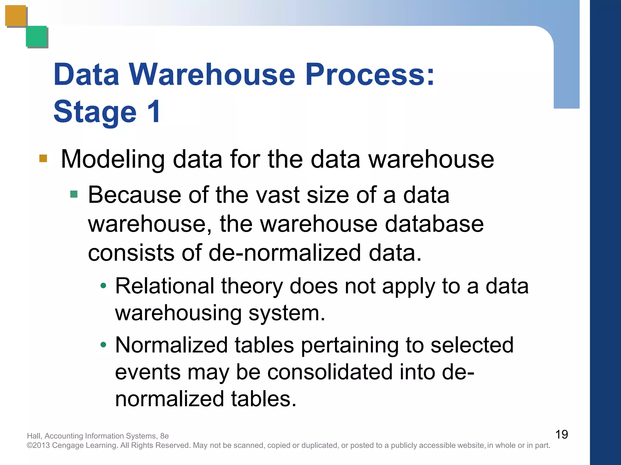 Hall, Accounting Information Systems, 8e
©2013 Cengage Learning. All Rights Reserved. May not be scanned, copied or duplicated, or posted to a publicly accessible website,in whole or in part.
Data Warehouse Process:
Stage 1
 Modeling data for the data warehouse
 Because of the vast size of a data
warehouse, the warehouse database
consists of de-normalized data.
• Relational theory does not apply to a data
warehousing system.
• Normalized tables pertaining to selected
events may be consolidated into de-
normalized tables.
19
 