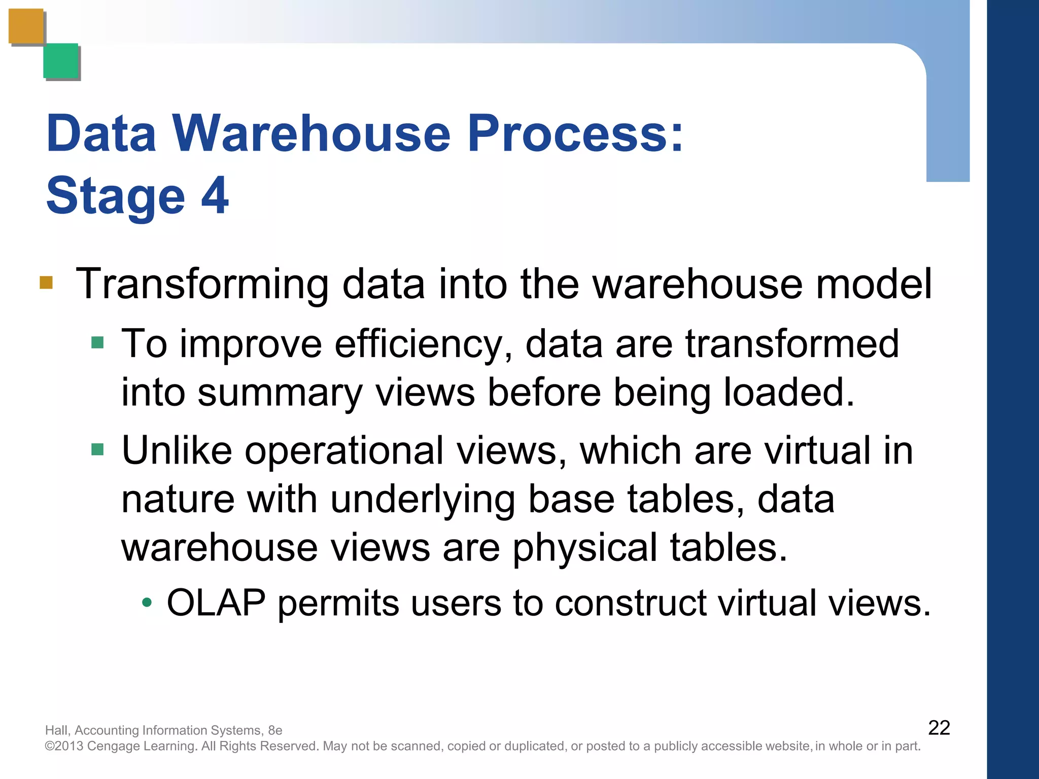 Hall, Accounting Information Systems, 8e
©2013 Cengage Learning. All Rights Reserved. May not be scanned, copied or duplicated, or posted to a publicly accessible website,in whole or in part.
Data Warehouse Process:
Stage 4
 Transforming data into the warehouse model
 To improve efficiency, data are transformed
into summary views before being loaded.
 Unlike operational views, which are virtual in
nature with underlying base tables, data
warehouse views are physical tables.
• OLAP permits users to construct virtual views.
22
 