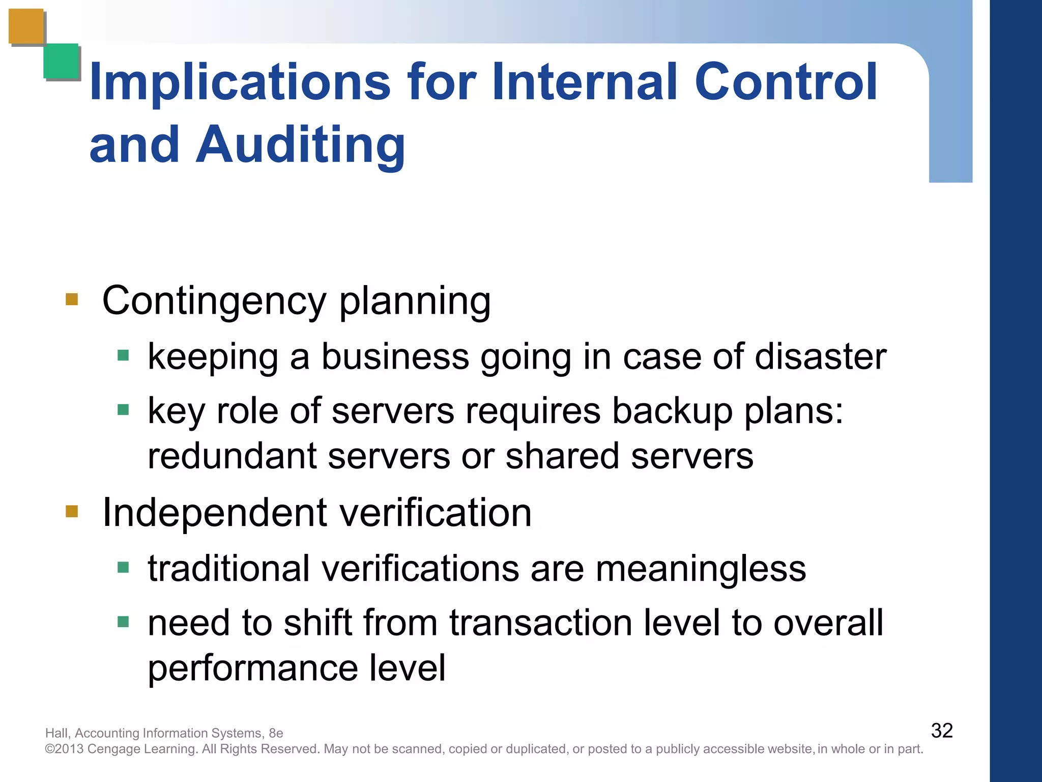 Hall, Accounting Information Systems, 8e
©2013 Cengage Learning. All Rights Reserved. May not be scanned, copied or duplicated, or posted to a publicly accessible website,in whole or in part.
Implications for Internal Control
and Auditing
 Contingency planning
 keeping a business going in case of disaster
 key role of servers requires backup plans:
redundant servers or shared servers
 Independent verification
 traditional verifications are meaningless
 need to shift from transaction level to overall
performance level
32
 
