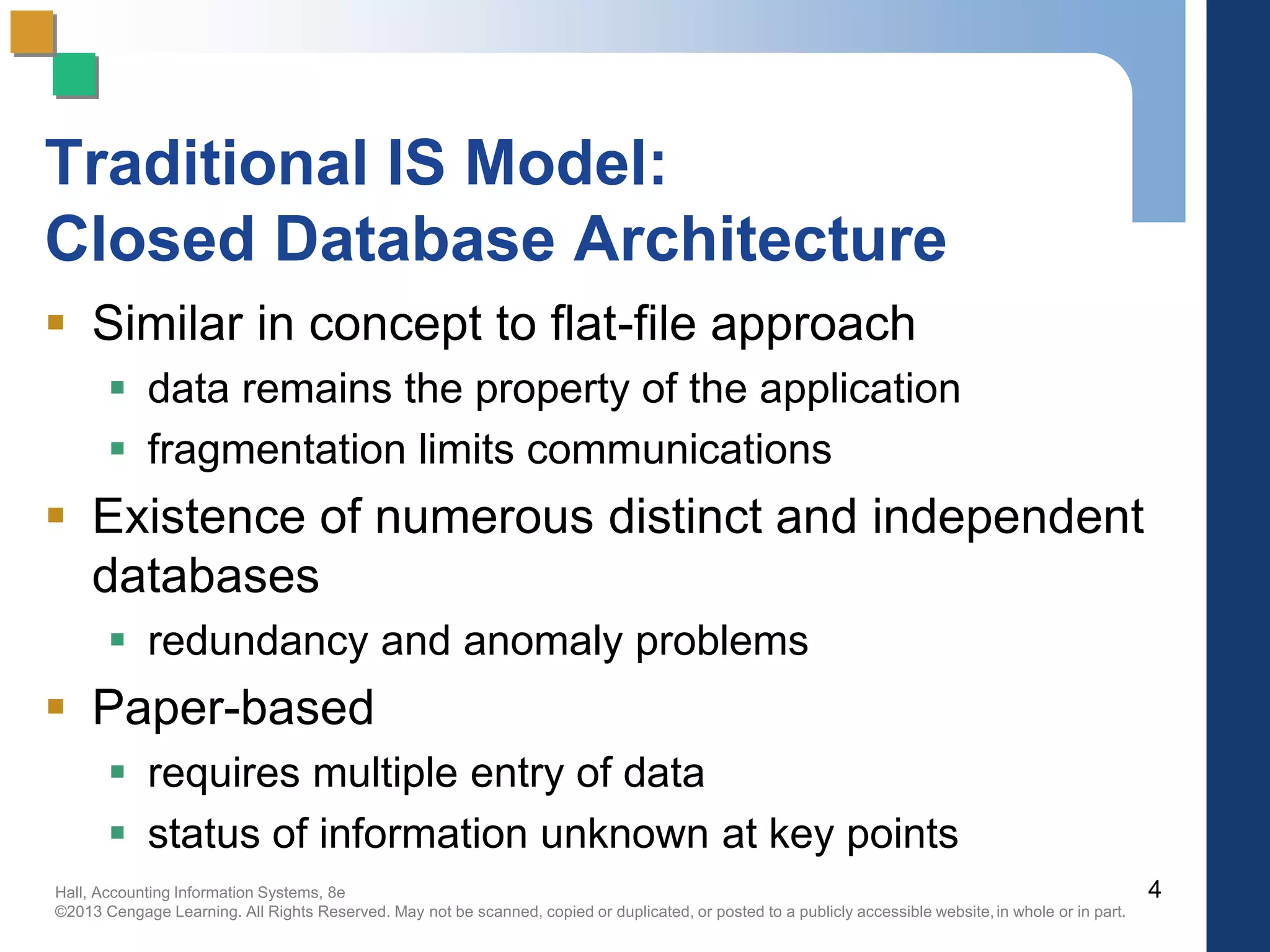 Hall, Accounting Information Systems, 8e
©2013 Cengage Learning. All Rights Reserved. May not be scanned, copied or duplicated, or posted to a publicly accessible website,in whole or in part.
Traditional IS Model:
Closed Database Architecture
 Similar in concept to flat-file approach
 data remains the property of the application
 fragmentation limits communications
 Existence of numerous distinct and independent
databases
 redundancy and anomaly problems
 Paper-based
 requires multiple entry of data
 status of information unknown at key points
4
 