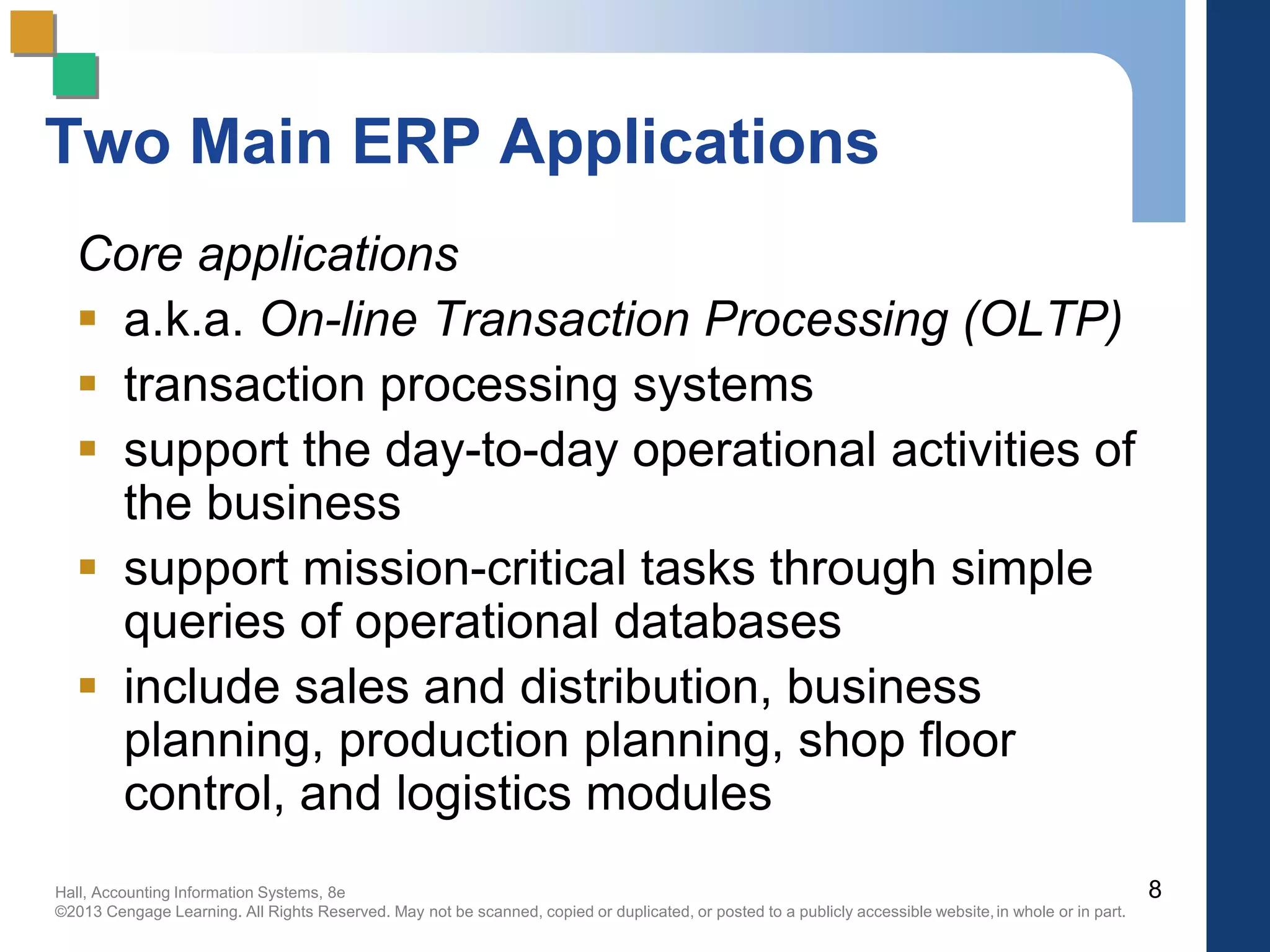 Hall, Accounting Information Systems, 8e
©2013 Cengage Learning. All Rights Reserved. May not be scanned, copied or duplicated, or posted to a publicly accessible website,in whole or in part.
Two Main ERP Applications
Core applications
 a.k.a. On-line Transaction Processing (OLTP)
 transaction processing systems
 support the day-to-day operational activities of
the business
 support mission-critical tasks through simple
queries of operational databases
 include sales and distribution, business
planning, production planning, shop floor
control, and logistics modules
8
 