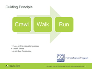 Guiding Principle Focus on the maturation process Keep it Simple Avoid Over-Architecting 