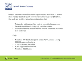 Network Services is a member-owned organization of more than 75 best-in-class member-distributors with combined annual revenue over $15 billion. Our goals are to utilize national account solutions that: Reduce the total supply chain costs of our multi-site customers Network of distributors throughout the United States. Improve the service levels that these national customers provide to their customers Facts: More than 400 distribution points across North America serving 750,000 customer locations 1,750 local sales specialists  8,200 support team members More than 2,000 trucks  
