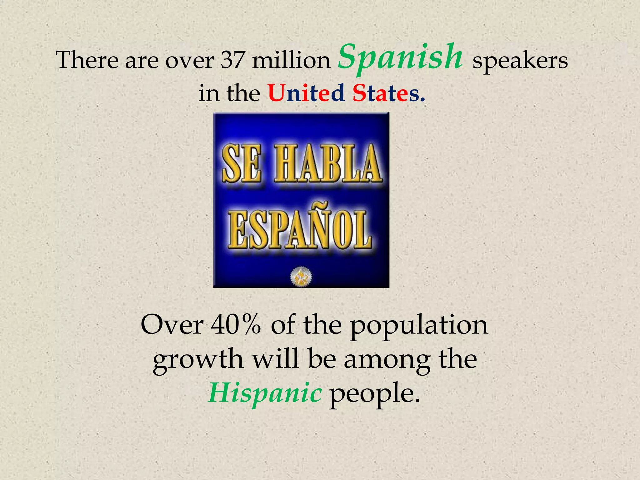 There are over 37 million Spanish speakers
            in the United States.




      Over 40% of the population
       growth will be among the
           Hispanic people.
 