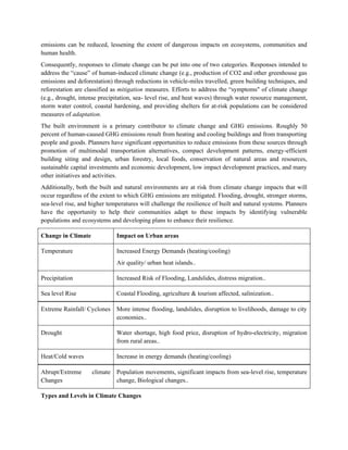 emissions can be reduced, lessening the extent of dangerous impacts on ecosystems, communities and
human health.
Consequently, responses to climate change can be put into one of two categories. Responses intended to
address the “cause” of human-induced climate change (e.g., production of CO2 and other greenhouse gas
emissions and deforestation) through reductions in vehicle-miles travelled, green building techniques, and
reforestation are classified as mitigation measures. Efforts to address the “symptoms" of climate change
(e.g., drought, intense precipitation, sea- level rise, and heat waves) through water resource management,
storm water control, coastal hardening, and providing shelters for at-risk populations can be considered
measures of adaptation.
The built environment is a primary contributor to climate change and GHG emissions. Roughly 50
percent of human-caused GHG emissions result from heating and cooling buildings and from transporting
people and goods. Planners have significant opportunities to reduce emissions from these sources through
promotion of multimodal transportation alternatives, compact development patterns, energy-efficient
building siting and design, urban forestry, local foods, conservation of natural areas and resources,
sustainable capital investments and economic development, low impact development practices, and many
other initiatives and activities.
Additionally, both the built and natural environments are at risk from climate change impacts that will
occur regardless of the extent to which GHG emissions are mitigated. Flooding, drought, stronger storms,
sea-level rise, and higher temperatures will challenge the resilience of built and natural systems. Planners
have the opportunity to help their communities adapt to these impacts by identifying vulnerable
populations and ecosystems and developing plans to enhance their resilience.

Change in Climate             Impact on Urban areas

Temperature                   Increased Energy Demands (heating/cooling)
                              Air quality/ urban heat islands..

Precipitation                 Increased Risk of Flooding, Landslides, distress migration..

Sea level Rise                Coastal Flooding, agriculture & tourism affected, salinization..

Extreme Rainfall/ Cyclones More intense flooding, landslides, disruption to livelihoods, damage to city
                           economies..

Drought                       Water shortage, high food price, disruption of hydro-electricity, migration
                              from rural areas..

Heat/Cold waves               Increase in energy demands (heating/cooling)

Abrupt/Extreme      climate Population movements, significant impacts from sea-level rise, temperature
Changes                     change, Biological changes..

Types and Levels in Climate Changes
 