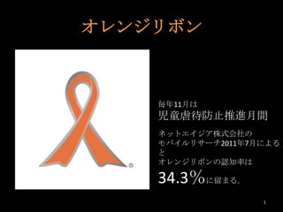 オレンジリボン



    毎年11月は
    児童虐待防止推進月間
    ネットエイジア株式会社の
    モバイルリサーチ2011年7月による
    と
    オレンジリボンの認知率は

    34.3％に留まる。
                   1
 
