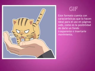 Este formato cuenta con
características que lo hacen
ideal para el uso en páginas
web, como es la posibilidad
de darle un fondo
trasparente o insertarle
movimiento.
 