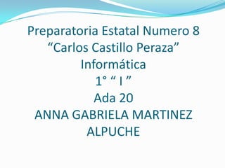 Preparatoria Estatal Numero 8
   “Carlos Castillo Peraza”
         Informática
            1° “ I ”
            Ada 20
 ANNA GABRIELA MARTINEZ
          ALPUCHE
 