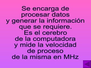 Se encarga de procesar datos y generar la información  que se requiere. Es el cerebro  de la computadora y mide la velocidad  de proceso de la misma en MHz 