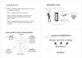 ทําไมจึงตองมี CRM?
Reason 1: Competitive Differentiation (Because innovations
can eventually be imitated.)
Reason 2: Heightened Customer Expectations
Reason 3: Enabling Technologies to Enhance Access to
Customers (Internet, Data Repositories, Data mining,
Analysis engines)
Reason 4: Keeping and generating revenues from existing
customers is found to be less costly than acquiring new
customers
หลักการคิดแนว CRM
พัฒนาคุณภาพการปฏิบัติการ,
ผลิตภัณฑ, การบริการ, และ Promotion
ดึงดูดความสนใจ
จากลูกคา
ทําใหลูกคาเปดใจ
ศึกษาและพิจารณาถึง
ลูกคาที่เรา
ตองการพัฒนาความสัมพันธ
สรางความผูกพัน
เพื่อไปสูความภักดี
องคประกอบที่จะนํามาซึ่งความสัมพันธอันยั่งยืน
ผลิตภัณฑ
The essence of
what we offer
the customer
บุคลากร
Interaction with
employees - how the
customer is treated in the
encounter
การปฏิบัติการ
Providing the product as
promised -getting it right
กรรมวิธีและ
ระบบการทํางาน
System and
activities that
support provision
of the core product
or service
เพิ่มคุณคา
เพิ่มความแตกตาง
CRM มีหนวยงานใดที่เกี่ยวของบาง?
=
Marketing + Sales + Service + Technology
Management
Human Resource
Knowledge Knowledge
 