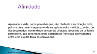 Afinidade

Apurando a vista, podia perceber que, não obstante a iluminação forte,
pairava uma nuvem espessa onde se agitava outra multidão, porém, de
desencarnados, confundindo-se com as criaturas terrestres de tal forma
permissiva, que se tornaria difícil estabelecer fronteiras delimitadores
entre uma e outra faixa de convivência

Entre dois mundos

17

 