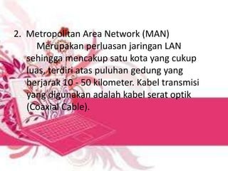 2. Metropolitan Area Network (MAN)
Merupakan perluasan jaringan LAN
sehingga mencakup satu kota yang cukup
luas, terdiri atas puluhan gedung yang
berjarak 10 - 50 kilometer. Kabel transmisi
yang digunakan adalah kabel serat optik
(Coaxial Cable).

 