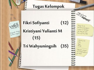 Tugas Kelompok
Fikri Sofiyanti (12)
Kristiyani Yulianti M
(15)
Tri Wahyuningsih (35)
 