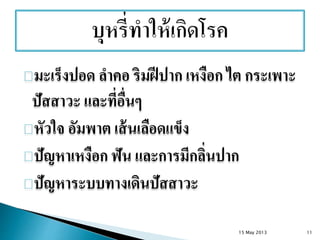 มะเร็งปอด ลาคอ ริมฝีปาก เหงือก ไต กระเพาะ
ปัสสาวะ และที่อื่นๆ
หัวใจ อัมพาต เส้นเลือดแข็ง
ปัญหาเหงือก ฟัน และการมีกลิ่นปาก
ปัญหาระบบทางเดินปัสสาวะ
15 May 2013 11
 