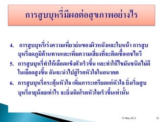 4. การสูบบุหรี่เร่งความเหี่ยวย่นของผิวหนังและใบหน้า การสูบ
บุหรี่ลดภูมิต้านทานและเพิ่มความเสี่ยงที่จะติดเชื้อเอชไอวี
5. การสูบบุหรี่ทาให้เลือดแข็งตัวเร็วขึ้น และทาให้ไขมันชนิดไม่ดี
ในเลือดสูงขึ้น อันจะนาไปสู่โรคหัวใจในอนาคต
6. การสูบบุหรี่กระตุ้นหัวใจ เพิ่มภาระเครียดแก่หัวใจ ยิ่งเริ่มสูบ
บุหรี่อายุน้อยเท่าไร จะยิ่งเกิดโรคหัวใจเร็วขึ้นเท่านั้น
15 May 2013 32
 
