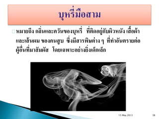 หมายถึง กลิ่นและควันของบุหรี่ ที่ติดอยู่กับผิวหนัง เสื้อผ้า
และเส้นผม ของคนสูบ ซึ่งมีสารพิษต่าง ๆ ที่ทาอันตรายต่อ
ผู้อื่นที่มาสัมผัส โดยเฉพาะอย่างยิ่งเด็กเล็ก
15 May 2013 38
 