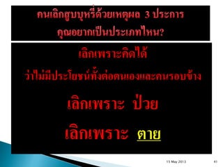 เลิกเพราะคิดได้
ว่าไม่มีประโยชน์ทั้งต่อตนเองและคนรอบข้าง
เลิกเพราะ ป่ วย
เลิกเพราะ ตาย
15 May 2013 41
 