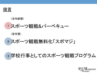 提言
１
（全年齢層）
スポーツ観戦&バーベキュー
（若年層）
スポーツ観戦無料化「スポマジ」２
学校行事としてのスポーツ観戦プログラム３
 