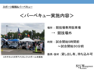 場所 ： 競技場専用駐車場
→
時間 ： 試合開始5時間前
〜試合開始３０分前
器具・食材 ：貸し出し有、持ち込み可
＜バーベキュー実施内容＞
スポーツ観戦&バーベキュー
コネチカット大学アメリカンフットボール本拠地
競技場外
 