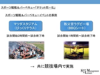 スポーツ観戦＆バーベキューイベントの事例
スポーツ観戦＆バーベキュー「チケット同一化」
秩父宮ラグビー場
（BBQシート）
試合開始１時間前〜試合終了時
マツダスタジアム
（びっくりテラス）
試合開始2時間前〜試合終了時
→ 共に競技場内で実施
 