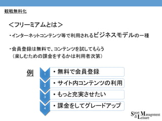 ・インターネットコンテンツ等で利用される の一種
・会員登録は無料で、コンテンツを試してもらう
（楽しむための課金をするかは利用者次第）
＜フリーミアムとは＞
例
観戦無料化
１
• 無料で会員登録
２
• サイト内コンテンツの利用
３
• もっと充実させたい
４
• 課金をしてグレードアップ
ビジネスモデル
 