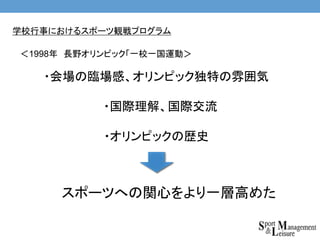 ＜1998年 長野オリンピック「一校一国運動＞
学校行事におけるスポーツ観戦プログラム
・会場の臨場感、オリンピック独特の雰囲気
・国際理解、国際交流
・オリンピックの歴史
スポーツへの関心をより一層高めた
 