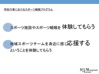 学校行事におけるスポーツ観戦プログラム
スポーツ施設やスポーツ観戦を
地域スポーツチームを身近に感じ、
ということを体験してもらう
体験してもらう
応援する
 