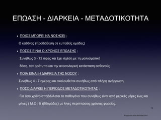 ΕΠΩΑΣΗ - ΔΙΑΡΚΕΙΑ - ΜΕΤΑΔΟΤΙΚΟΤΗΤΑ
ΠΟΙΟΣ ΜΠΟΡΕΙ ΝΑ ΝΟΣΗΣΕΙ ;
Ο καθένας (προδιάθεση σε ευπαθείς ομάδες)
ΠΟΣΟΣ ΕΙΝΑΙ Ο ΧΡΟΝΟΣ ΕΠΩΑΣΗΣ ;
Συνήθως 3 - 72 ώρες και έχει σχέση με τη μολυσματική
δόση, τον ορότυπο και την ανοσολογική κατάσταση ασθενούς
ΠΟΙΑ ΕΙΝΑΙ Η ΔΙΑΡΚΕΙΑ ΤΗΣ ΝΟΣΟΥ ;
Συνήθως 4 - 7 ημέρες και ακολουθείται συνήθως από πλήρη ανάρρωση
ΠΟΣΟ ΔΙΑΡΚΕΙ Η ΠΕΡΙΟΔΟΣ ΜΕΤΑΔΟΤΙΚΟΤΗΤΑΣ ;
Για όσο χρόνο αποβάλλεται το παθογόνο που συνήθως είναι από μερικές μέρες έως και
μήνες ( Μ.Ο : 5 εβδομάδες) με λίγες περιπτώσεις χρόνιας φορείας.
Ενημερωτικό Δελτίο ΚΕΕΛΠΝΟ 2015
15
 