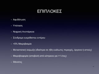 ΕΠΙΠΛΟΚΕΣ
- Αφυδάτωση
- Υπόταση
- Νεφρική Ανεπάρκεια
- Σύνδρομο ευερέθιστου εντέρου
- <5% Μικροβιαιμία
- Μεταστατική λοίμωξη (ιδιαίτερα σε ήδη ευάλωτες περιοχές, όργανα ή ιστούς)
- Μικροβιοφορία (αποβολή από κόπρανα για >1 έτος)
- Θάνατος
17
 