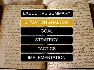 EXECUTIVE SUMMARY
SITUATION ANALYSIS
GOAL
STRATEGY
TACTICS
IMPLEMENTATION
 