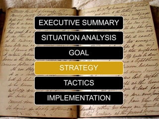EXECUTIVE SUMMARY
SITUATION ANALYSIS
GOAL
STRATEGY
TACTICS
IMPLEMENTATION
 