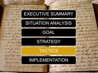 EXECUTIVE SUMMARY
SITUATION ANALYSIS
GOAL
STRATEGY
TACTICS
IMPLEMENTATION
 