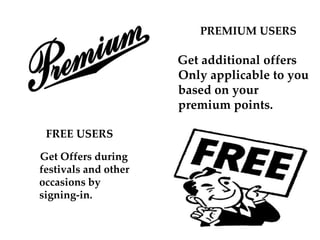 FREE USERS
Get Offers during
festivals and other
occasions by
signing-in.
PREMIUM USERS
Get additional offers
Only applicable to you
based on your
premium points.
 