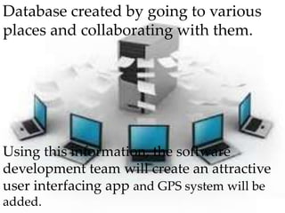 Database created by going to various
places and collaborating with them.
Using this information, the software
development team will create an attractive
user interfacing app and GPS system will be
added.
 