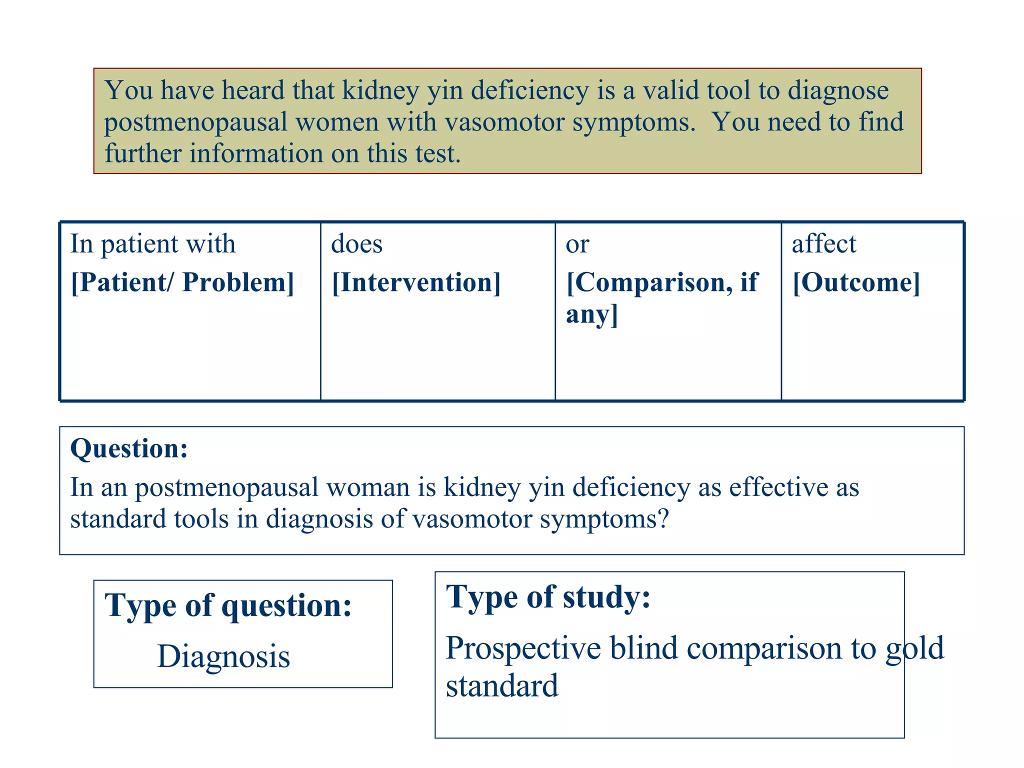 You have heard that kidney yin deficiency is a valid tool to diagnose postmenopausal women with vasomotor symptoms.  You need to find further information on this test. Question: In an postmenopausal woman is kidney yin deficiency as effective as standard tools in diagnosis of vasomotor symptoms? Type of question: Type of study: Diagnosis Prospective blind comparison to gold standard affect [Outcome] or [Comparison, if any] does [Intervention] In patient with  [Patient/ Problem] 